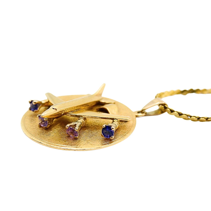 Vintage 14k Gold Airplane Pendant Gemstones 18k Gold Chain Necklace