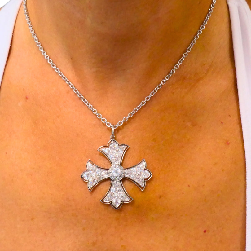 Art Deco Maltese Cross Platinum Pendant Old European Cut Diamonds Estate Jewelry