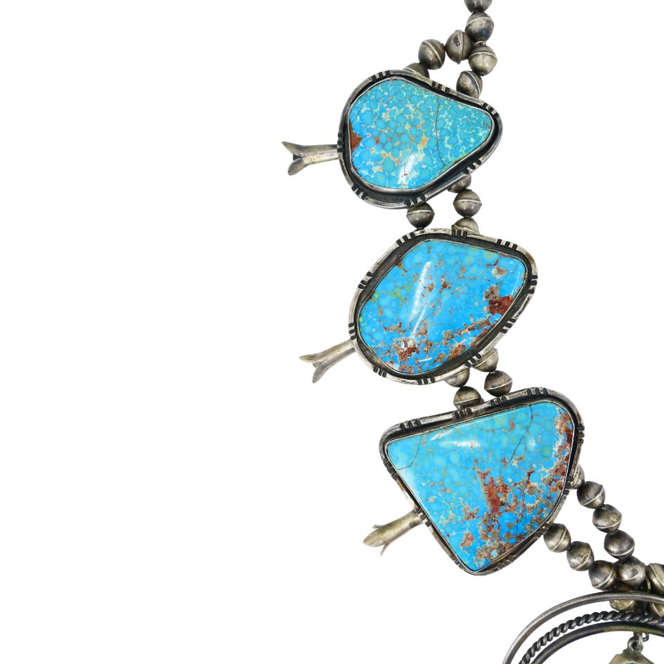 Signed Navajo Native Indian Sterling Silver Turquoise Squash Blossom Necklace