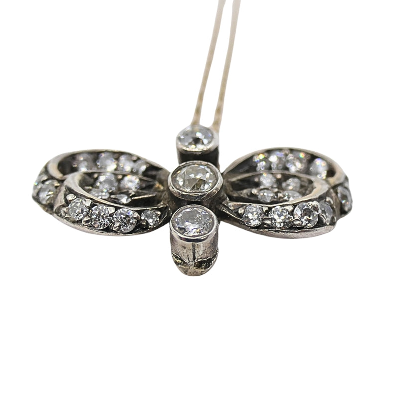 10k Gold Necklace Diamond Bow Pendant Edwardian Style