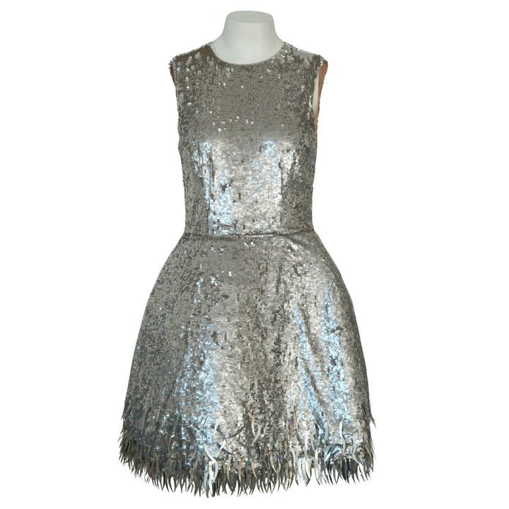 Oscar de la Renta Silver Sequined Fringe Mini Dress