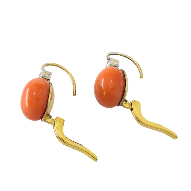 Antique 14k Gold Coral Diamond Accent Drop Earrings