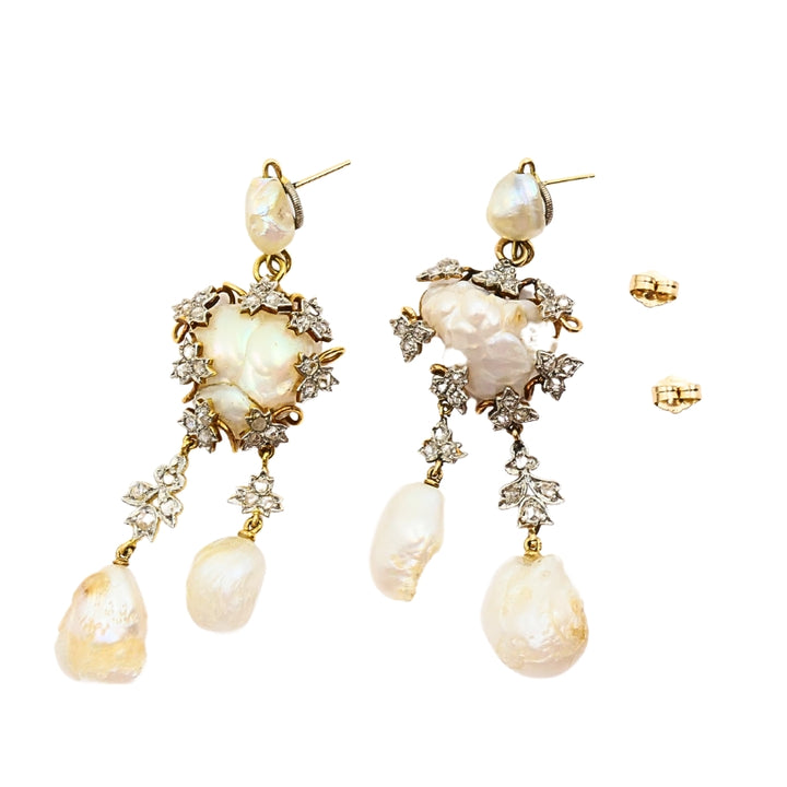 Vintage 14k Gold Baroque Pearl Diamond Dangle Earrings