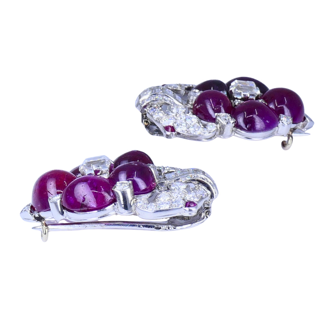 Art Deco No-Heat Cabochon Ruby Diamond Platinum Double Clip Brooch Pair