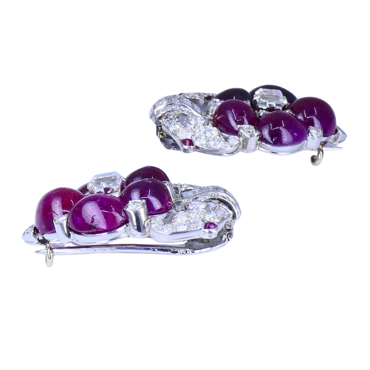 Art Deco No-Heat Cabochon Ruby Diamond Platinum Double Clip Brooch Pair