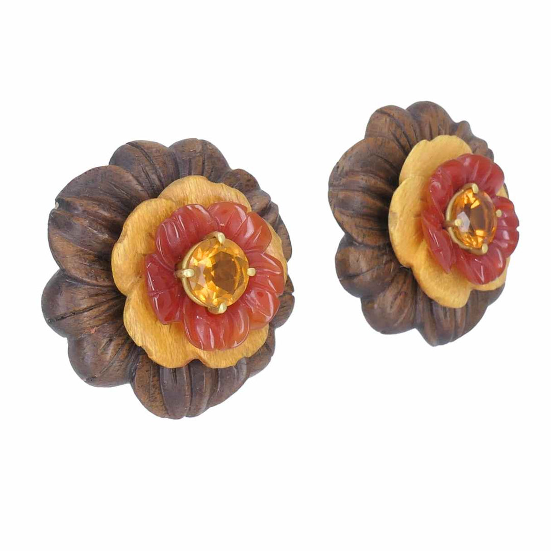 Bettina Gabetti for Trianon Flower Earrings 18k Gold Wood Carnelian Citrine