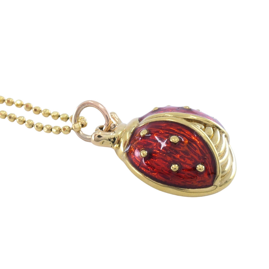 18k Gold Enamel Ladybug Pendant 14k Gold Chain Necklace