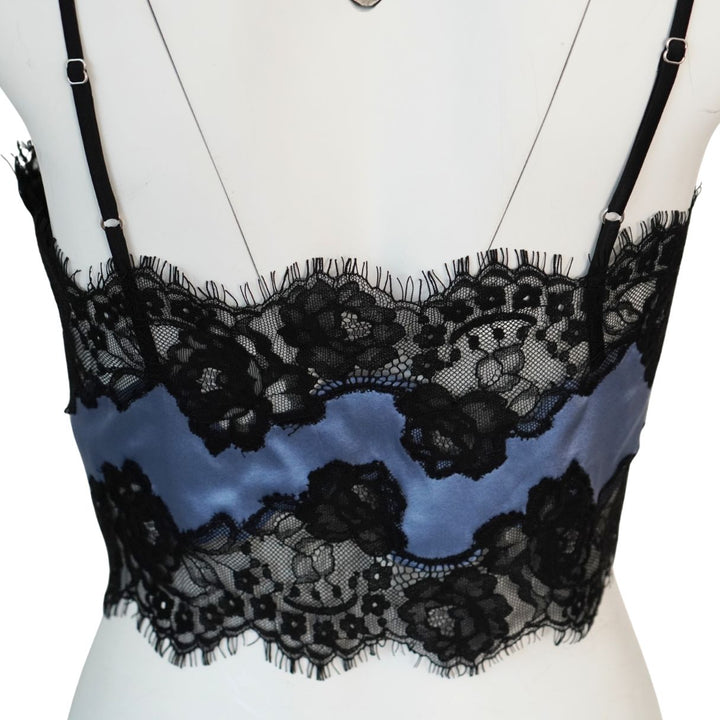 Fleur du Mal Blue Silk Black Lace Cropped Tank Top