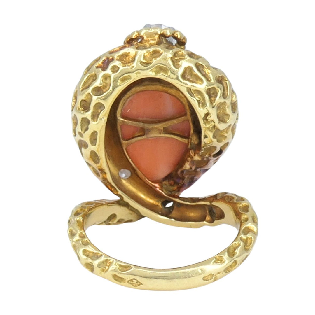 Vintage French 18k Gold Diamond Coral Cobra Snake Ring