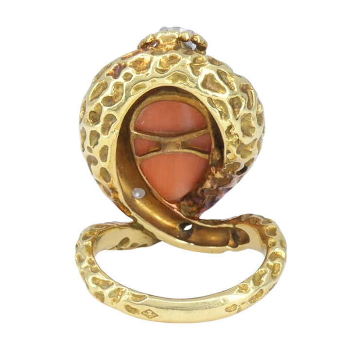 Vintage French 18k Gold Diamond Coral Cobra Snake Ring