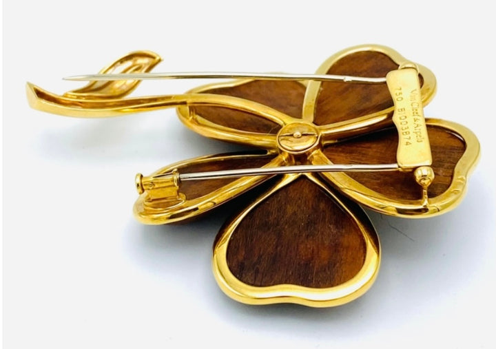 Van Cleef and Arpels Clematis Yellow Gold, Wood and Diamond Flower Clip Brooch