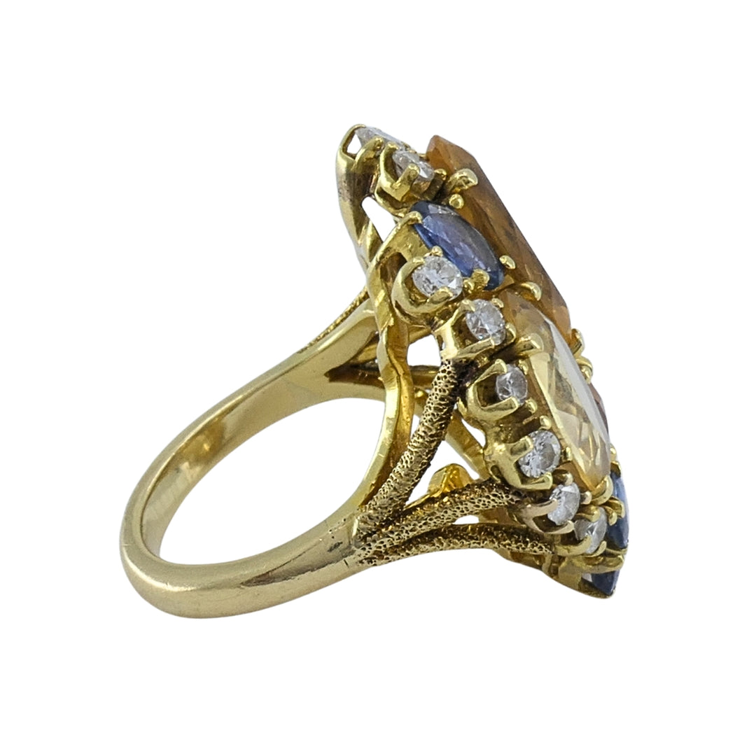 Vintage 14k Gold Imperial Topaz Blue Sapphire Diamond Cluster Cocktail Ring