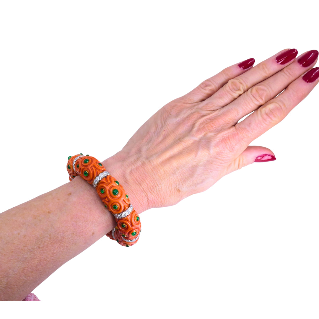 Steven Grotell Platinum and 18k Gold Bracelet Diamond Emerald Carved Coral