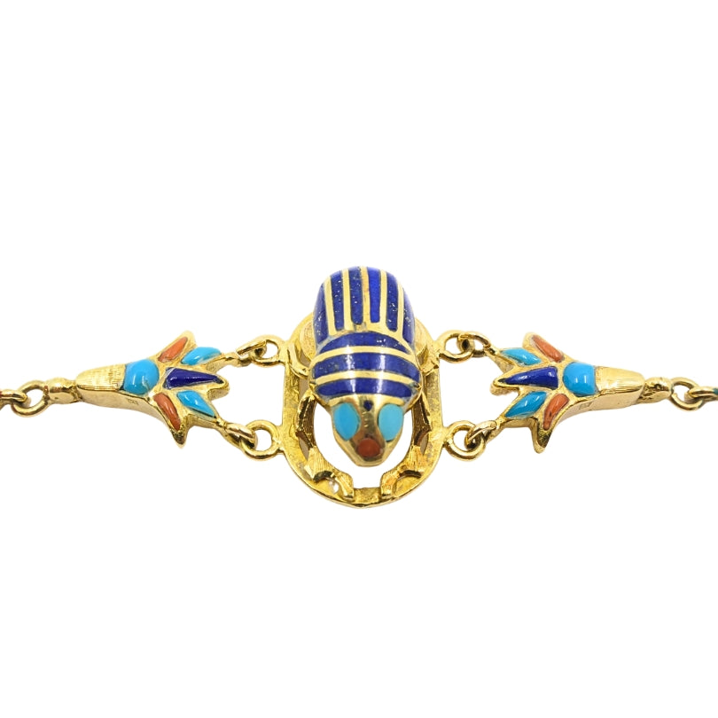 21k Gold Egyptian Revival Scarab Turquoise Coral Enamel Bracelet
