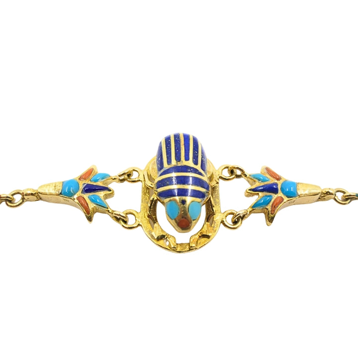 21k Gold Egyptian Revival Scarab Turquoise Coral Enamel Bracelet