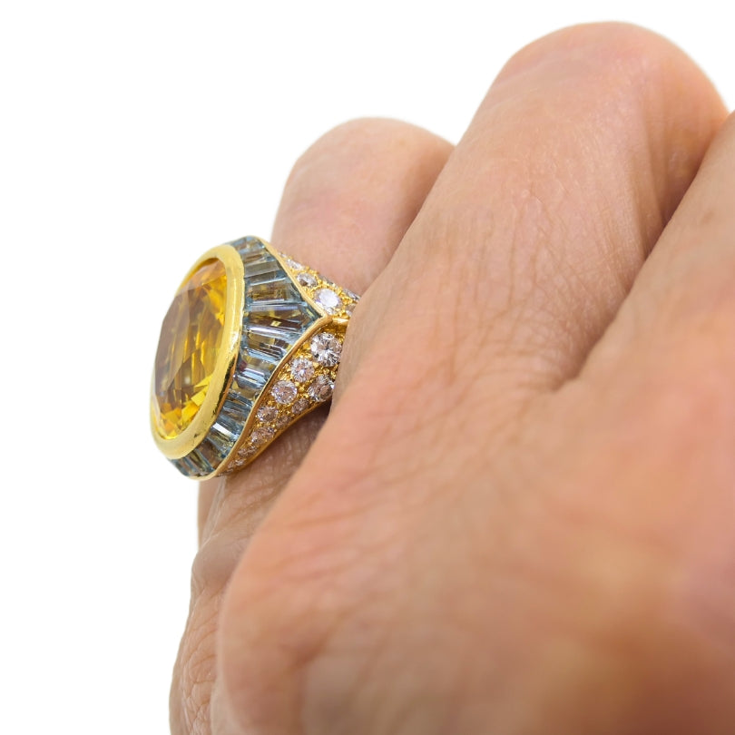 Bvlgari Bulgari Yellow Sapphire Ring Gold Aquamarine Diamond Vintage Jewelry