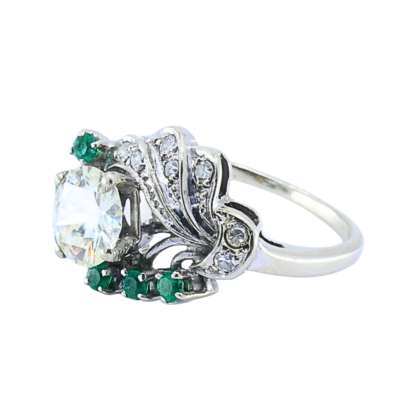 Vintage 14k White Gold Diamond  Emerald Cocktail Ring