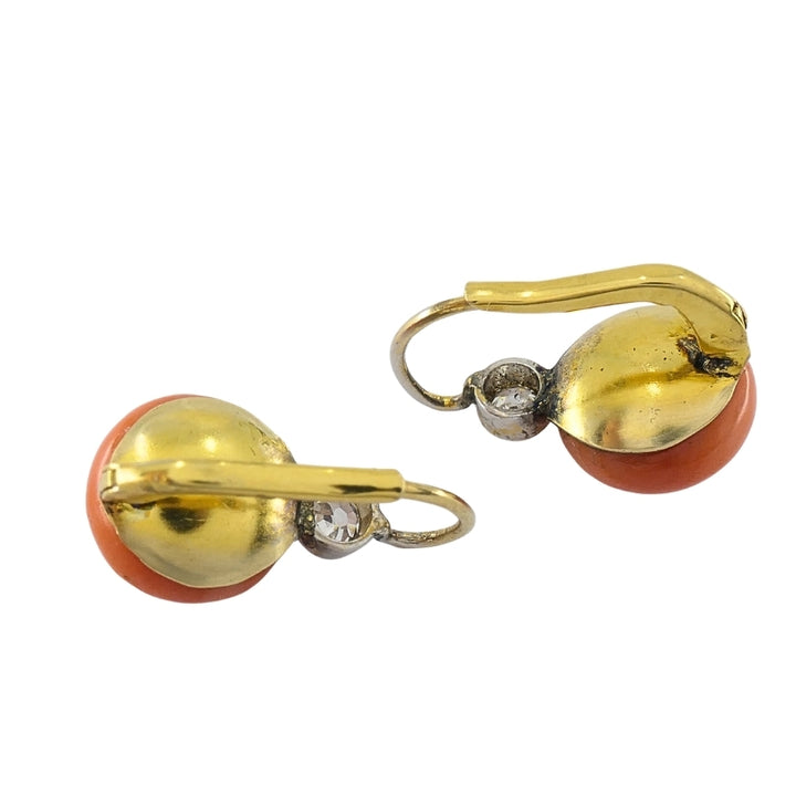 Antique 14k Gold Coral Diamond Accent Drop Earrings