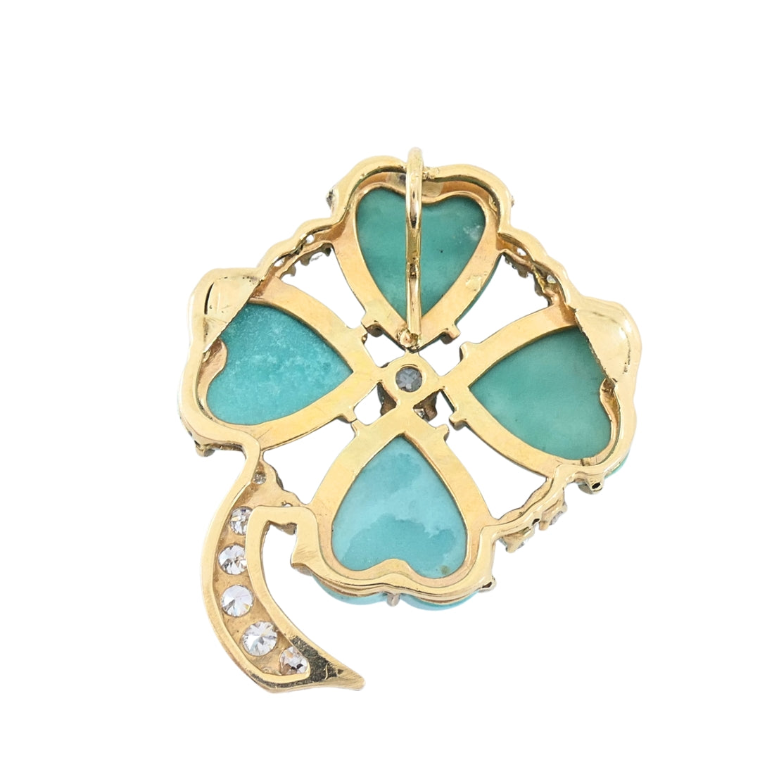Vintage 14k Gold Turquoise Heart Clover Pendant with Diamonds