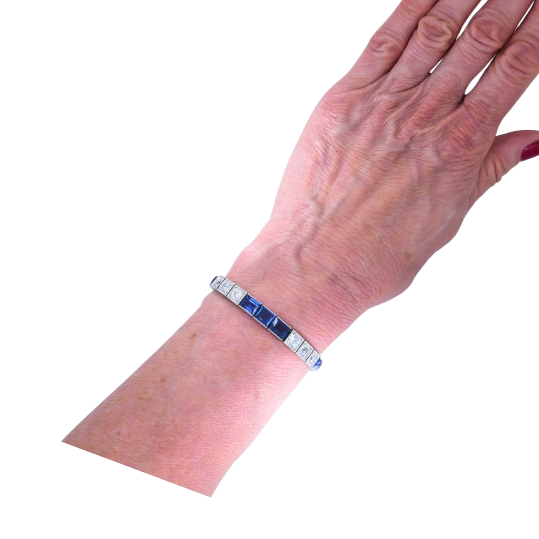 Art Deco Diamond Tennis Bracelet Sapphire Platinum Estate Jewelry