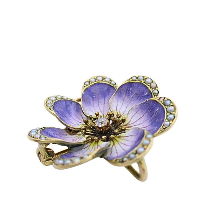 14k Gold Violet Flower Diamond Seed Pearl Pendant Brooch Necklace