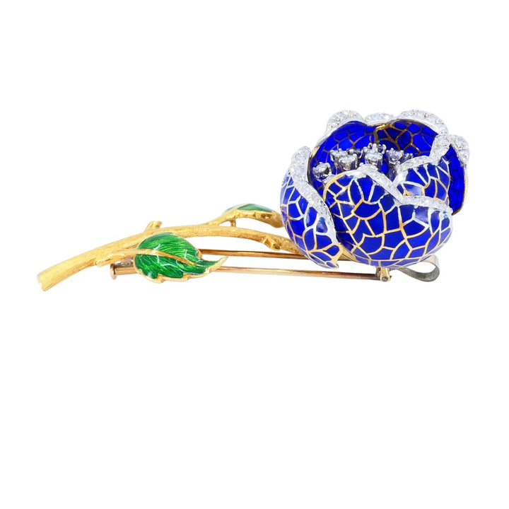 Vintage 18k Gold Diamond Enamel Flower Pendant Clip Brooch