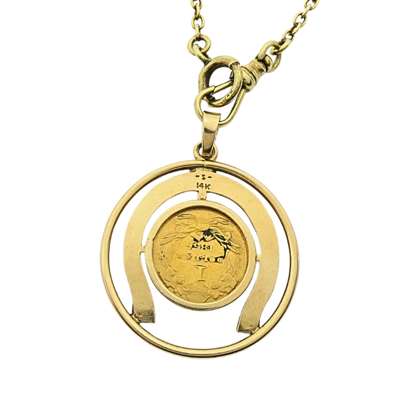 Victorian Revival 14k Gold Indian Princess Dollar Horseshoe Pendant Necklace
