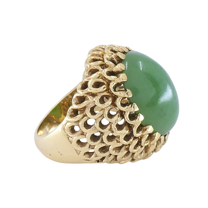 Vintage 14k Gold Green Jade Cabochon Cocktail Ring, Ornate Openwork Mounting