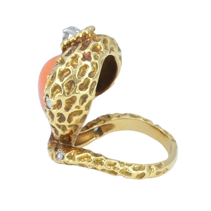Vintage French 18k Gold Diamond Coral Cobra Snake Ring