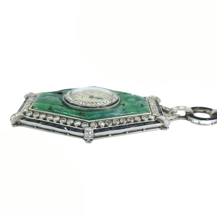 Art Deco Jaeger-LeCoultre Watch Pendant Jade Black Onyx Seed Pearl Necklace