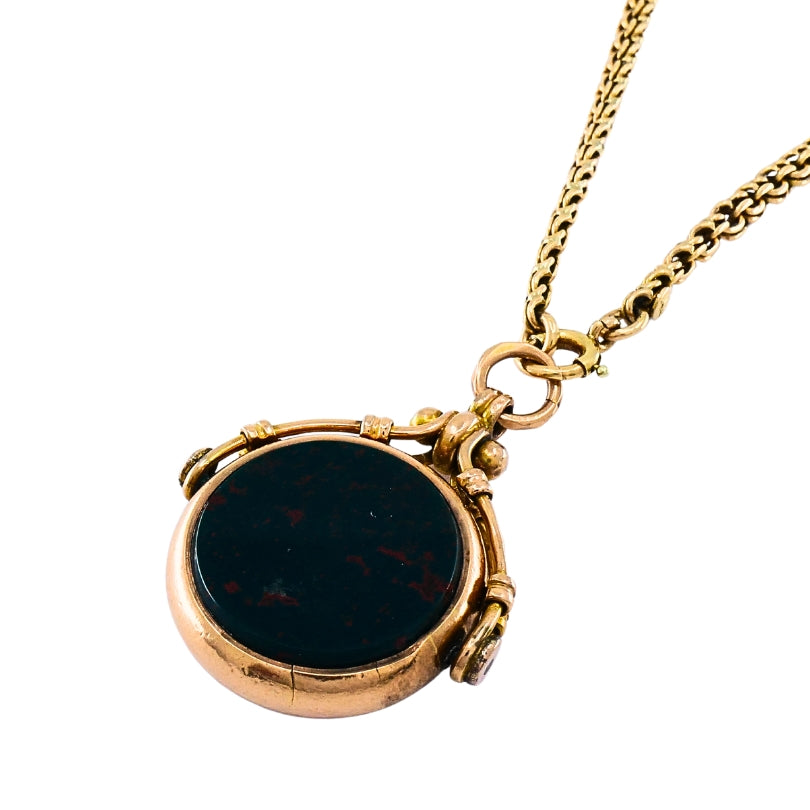 Antique 9k Gold Carnelian Bloodstone Pendant  14k Gold Chain Necklace