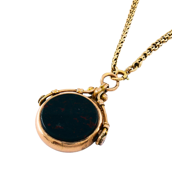 Antique 9k Gold Carnelian Bloodstone Pendant  14k Gold Chain Necklace