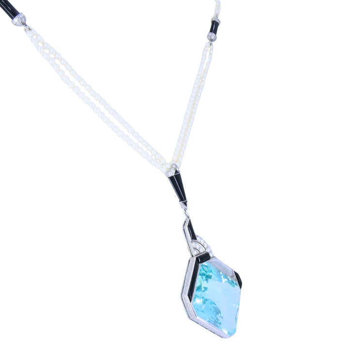 Art Deco Platinum Aquamarine Black Onyx Diamond Pearl Necklace