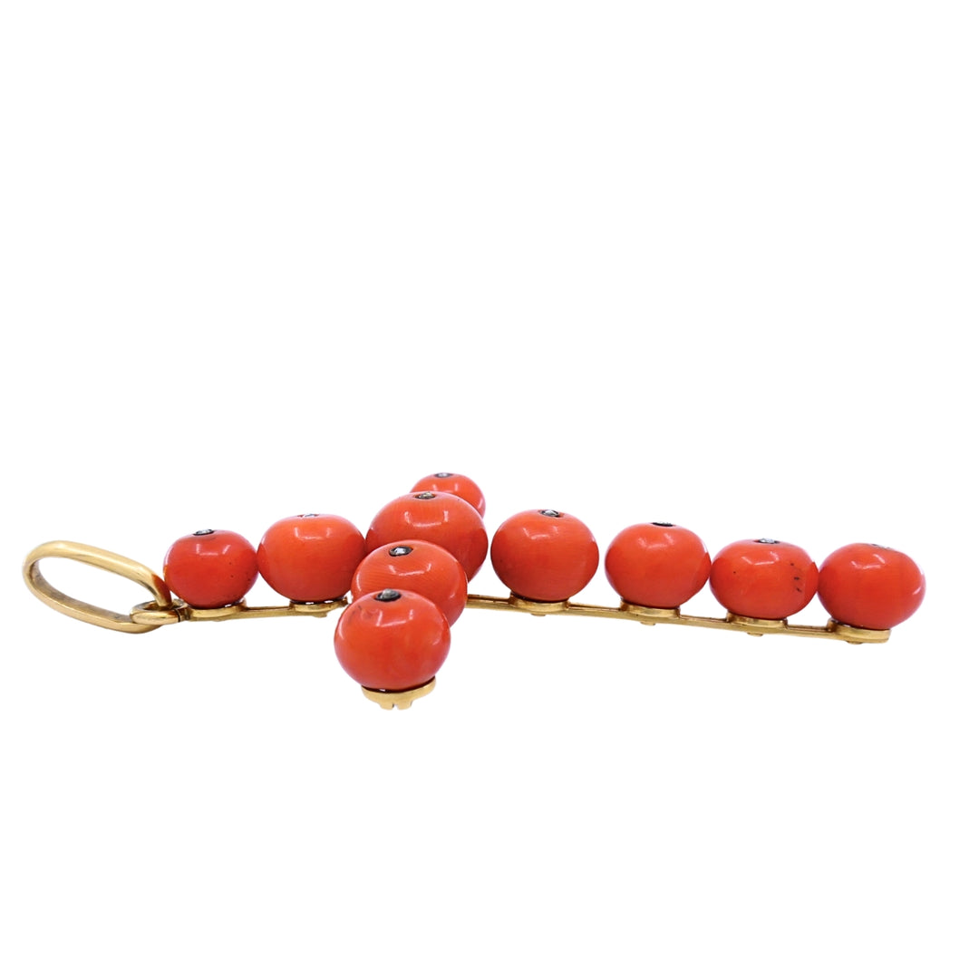Victorian 18k Gold Coral Diamond Accent Cross Pendant Necklace 14k Gold Chain