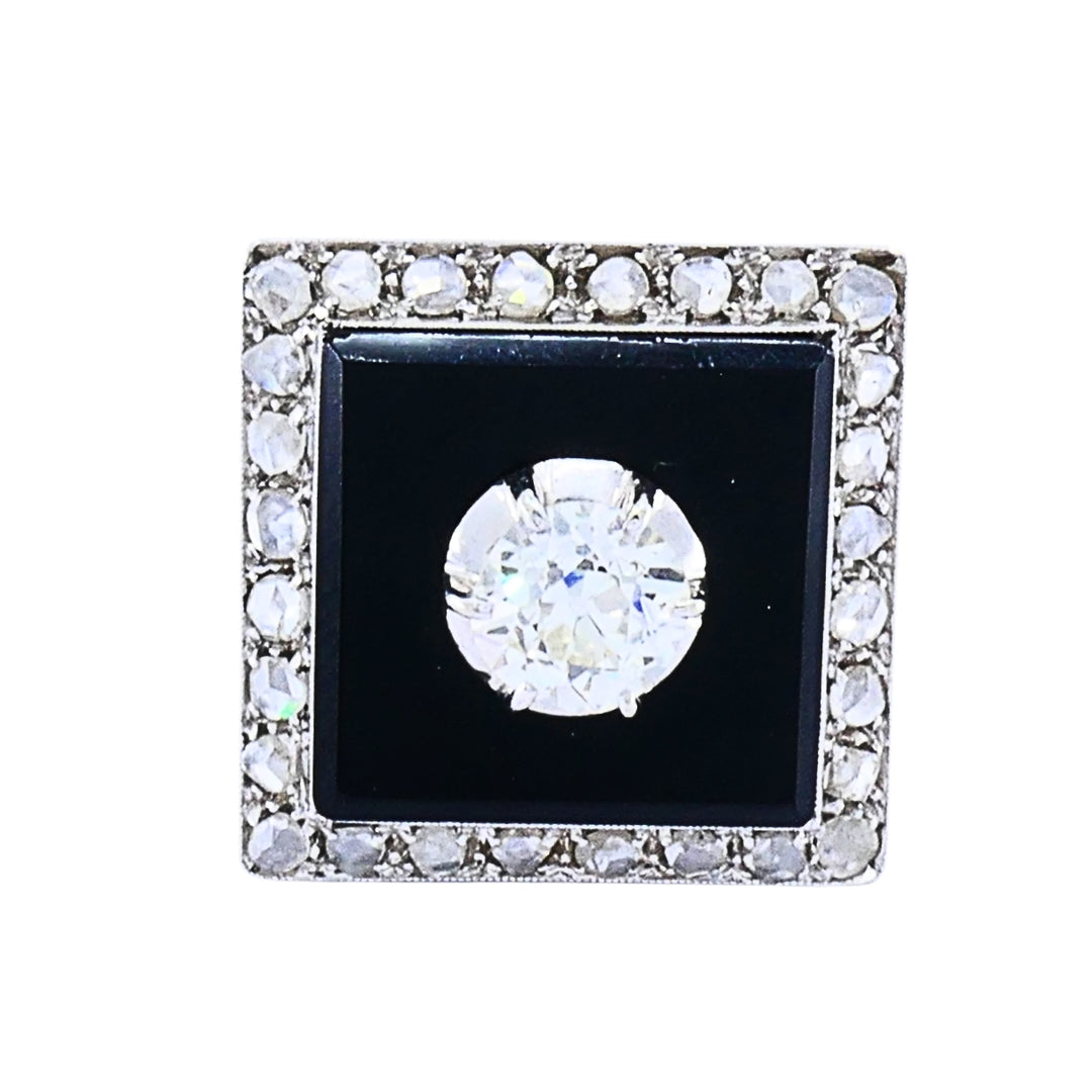 Art Deco 14k Gold Onyx Diamond Square Plaque Ring Antique Jewelry