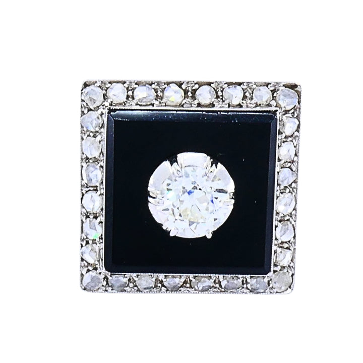 Art Deco 14k Gold Onyx Diamond Square Plaque Ring Antique Jewelry