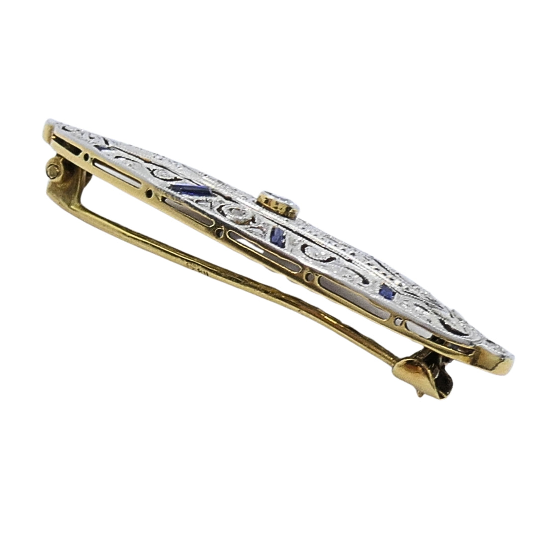 Art Deco 18k Gold Diamond Sapphire Navette Brooch