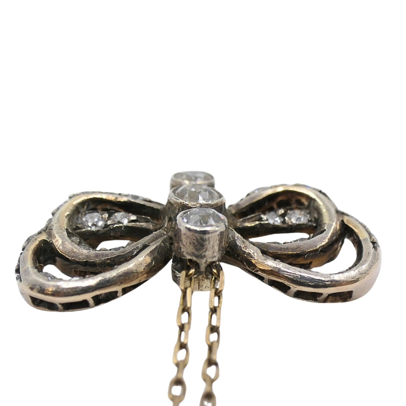 10k Gold Necklace Diamond Bow Pendant Edwardian Style