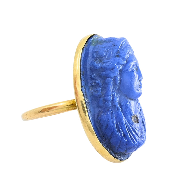 14k Gold Blue Carved Cameo Classical Portrait Ring