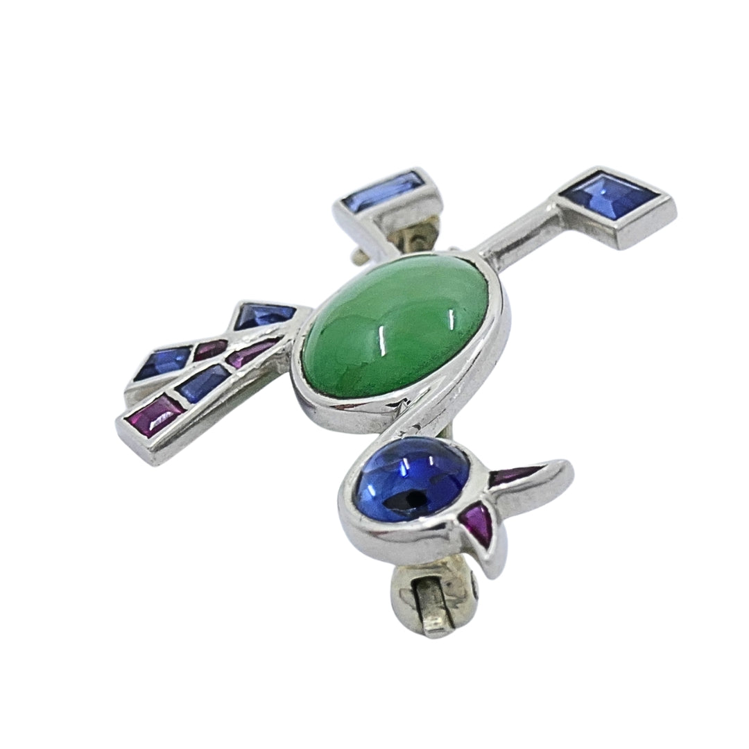 Vintage Modernist 14k White Gold Multigemstone Bird Brooch