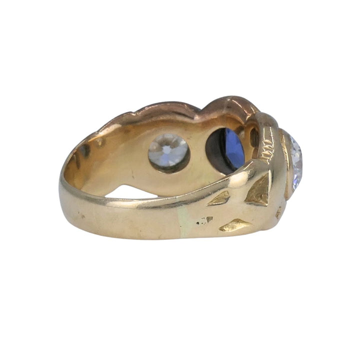 Antique 14k Gold Sapphire Old European Cut Diamond Three Stone Ring