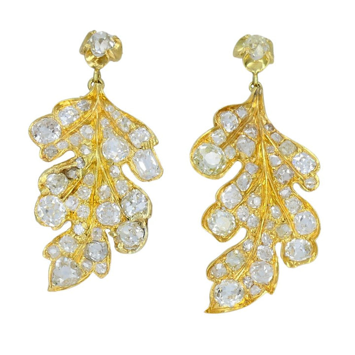 Vintage 14k Gold Diamond Leaf Drop Earrings