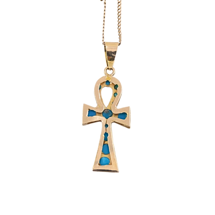 Vintage 21k Gold Turquoise Ankh Pendant 14k Gold Chain Necklace
