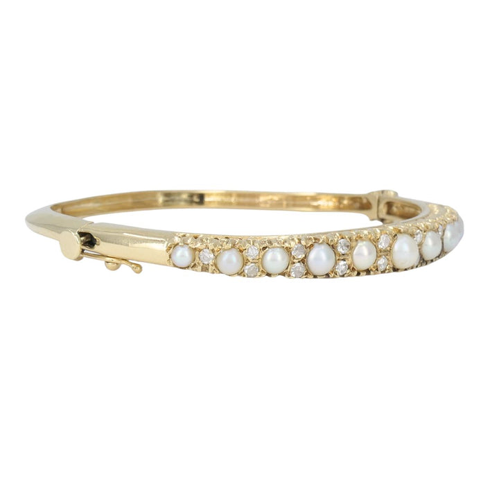 Antique Victorian 14k Yellow Gold Pearl Diamond Hinged Bangle Bracelet