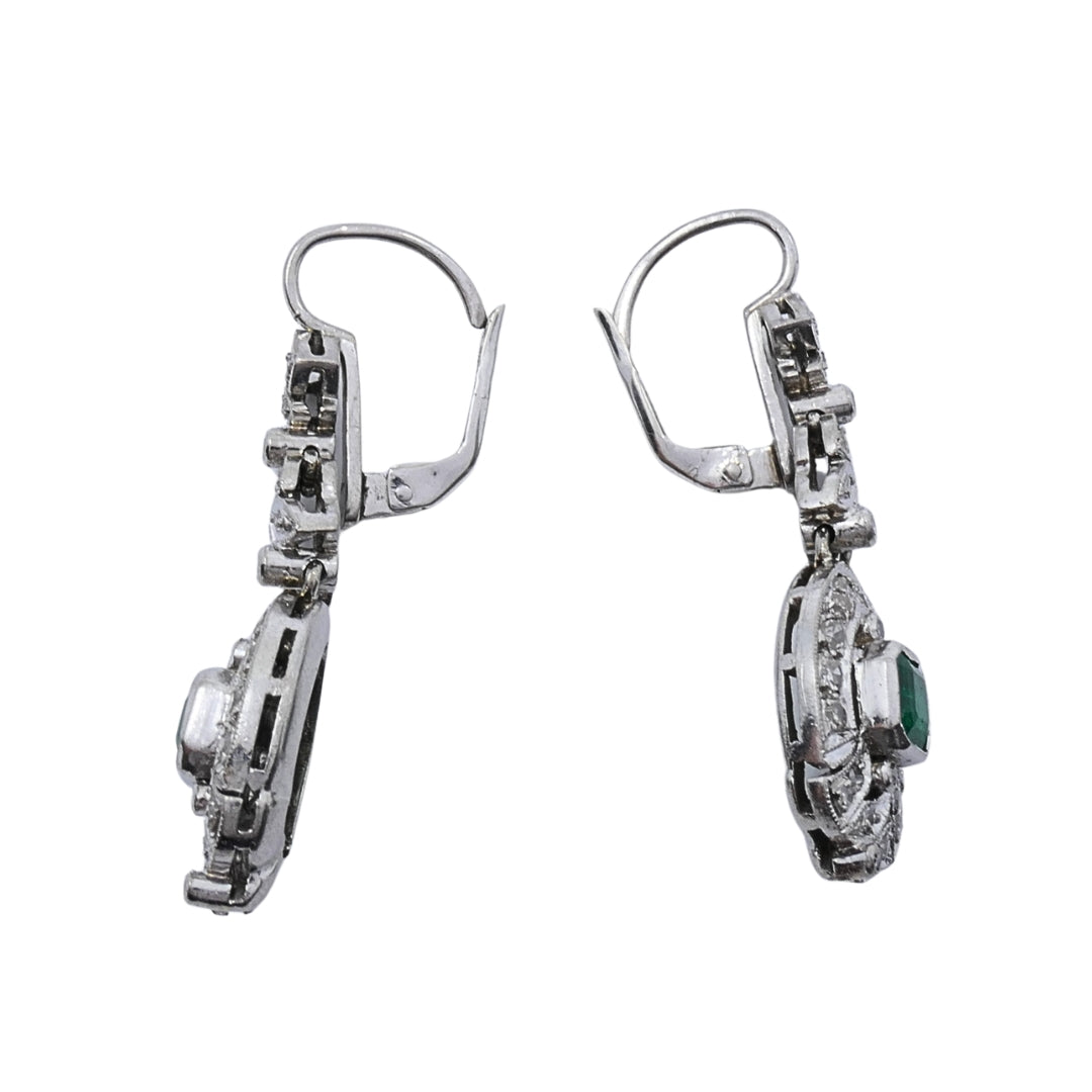 Art Deco-Style 12k White Gold Emerald Diamond Drop Earrings