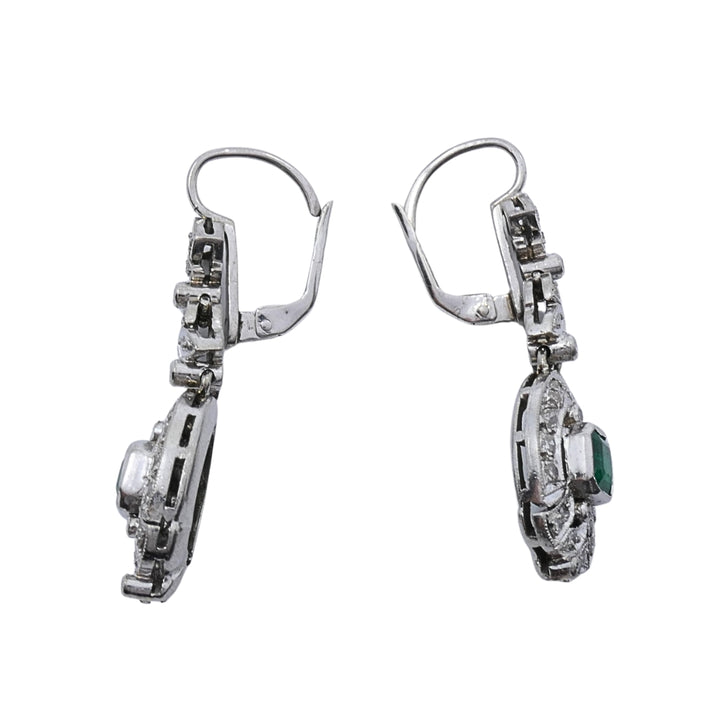 Art Deco-Style 12k White Gold Emerald Diamond Drop Earrings