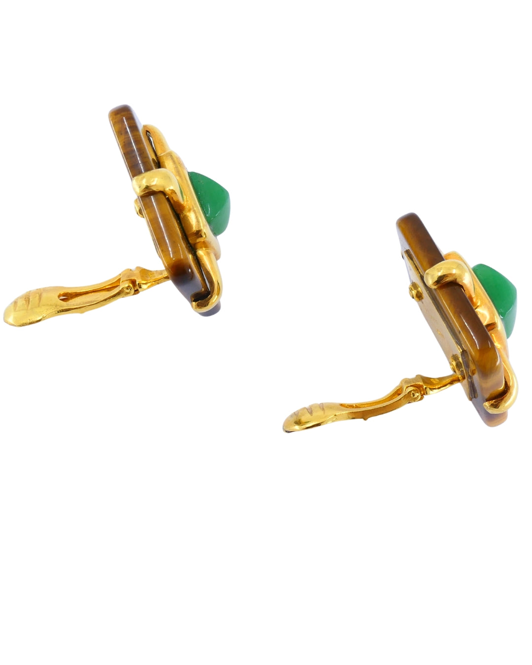 Aldo Cipullo Tiger’s Eye Earrings Chrysoprase 18k Gold Rhombus Shaped Earrings