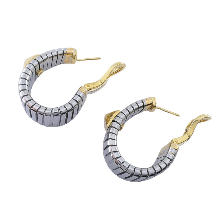 Bvlgari 18k Yellow Gold & Steel Tubogas Pyramid Hoop Earrings