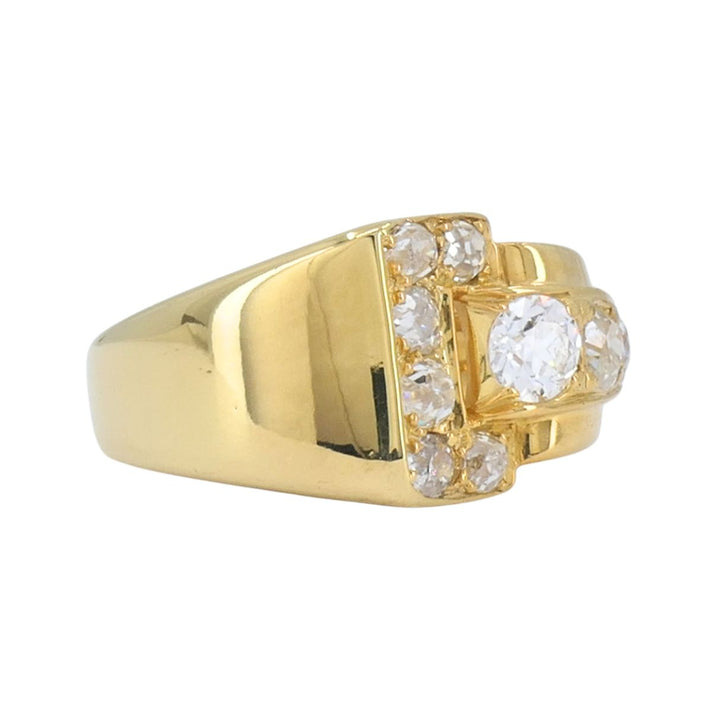 Vintage GRANAT 18k Yellow Gold Diamond Buckle Ring, 1950s