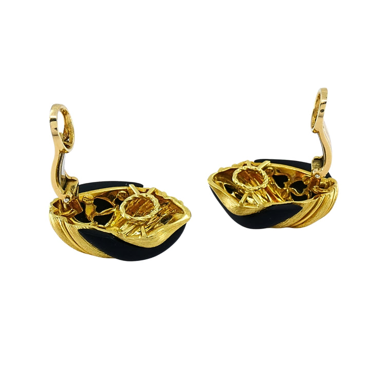Henry Dunay 18k Gold Ebony Wood Clip-On Earrings, Vintage 1980s